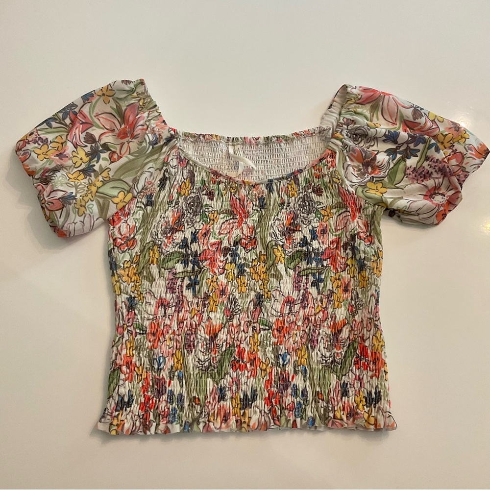 Anthropologie Pink and Green Smocked Puff Sleeve Blouse
